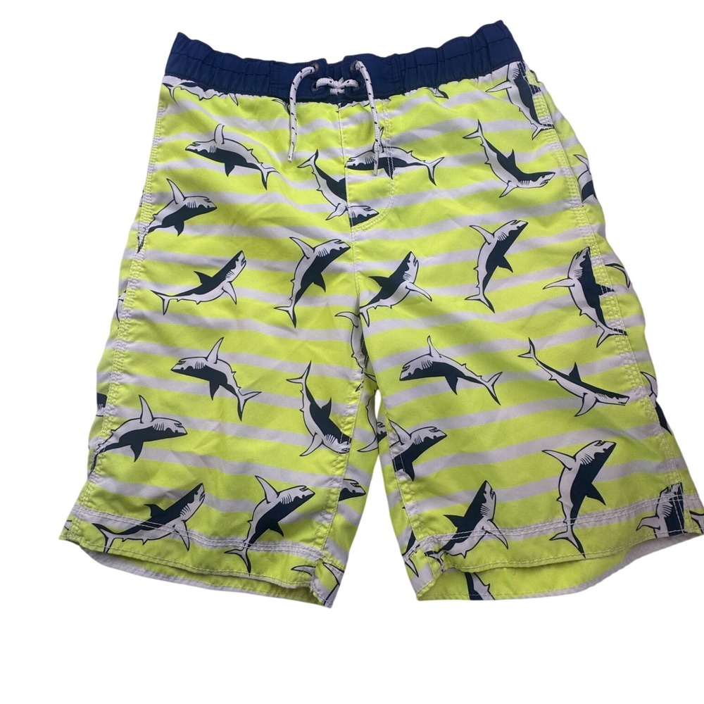 Gap Kids Boys Shark Print Swim Trunks Safety Yellow Striped XL 12 Beach vacation